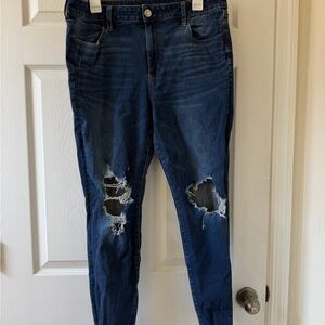 American Eagle Medium Blue Stretch Denim Jeans with Pink Accents